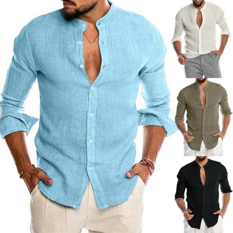 

2025 Popular Autumn and Winter V-neck Linen New Cardigan Stand-up Collar Long-sleeved Men's Shirt