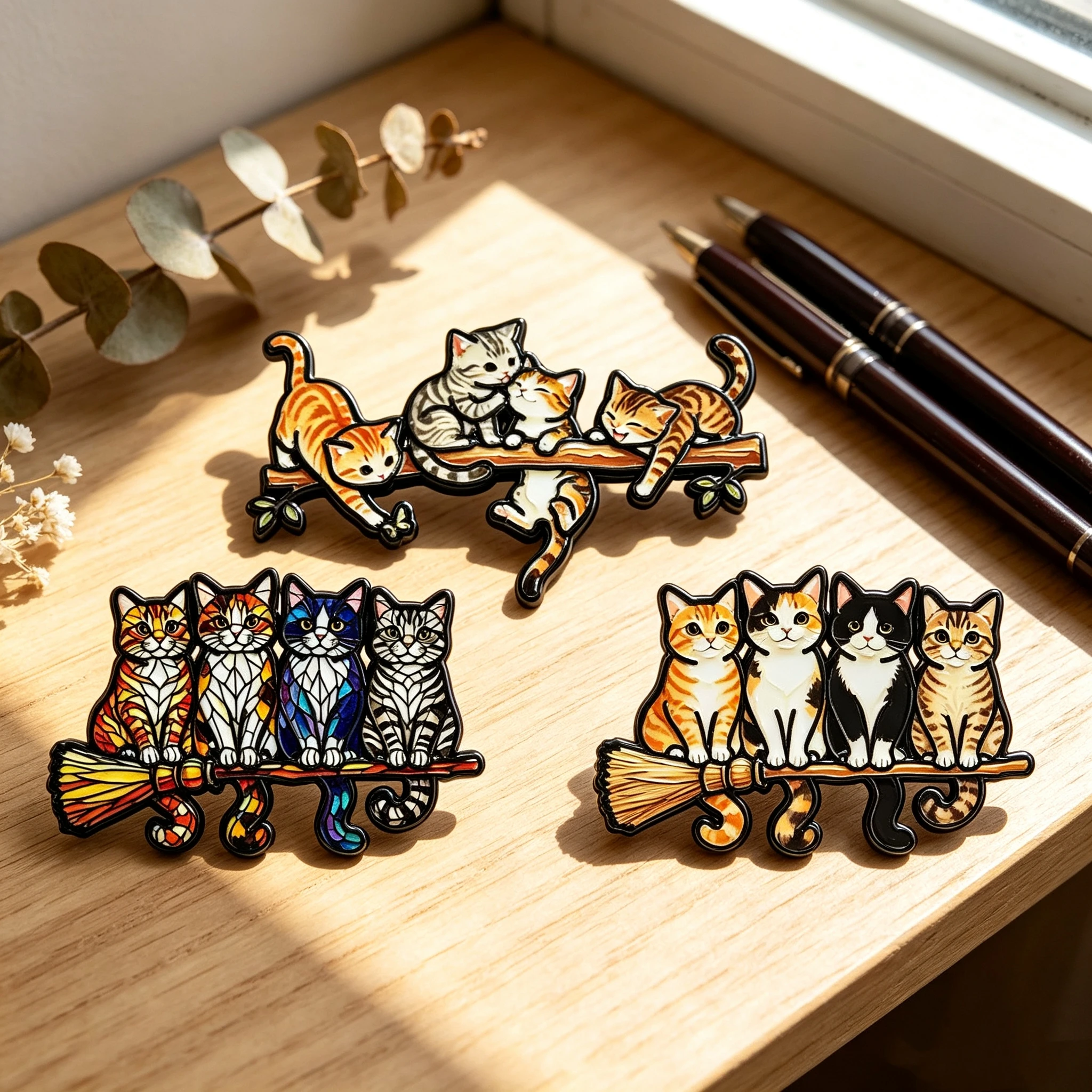 3Pcs Magic Cat Metal Enamel Pin Set, Cute Kittens on Broom & Branch, Decorative Lapel Pins for Jackets Backpacks, Nice Collectib