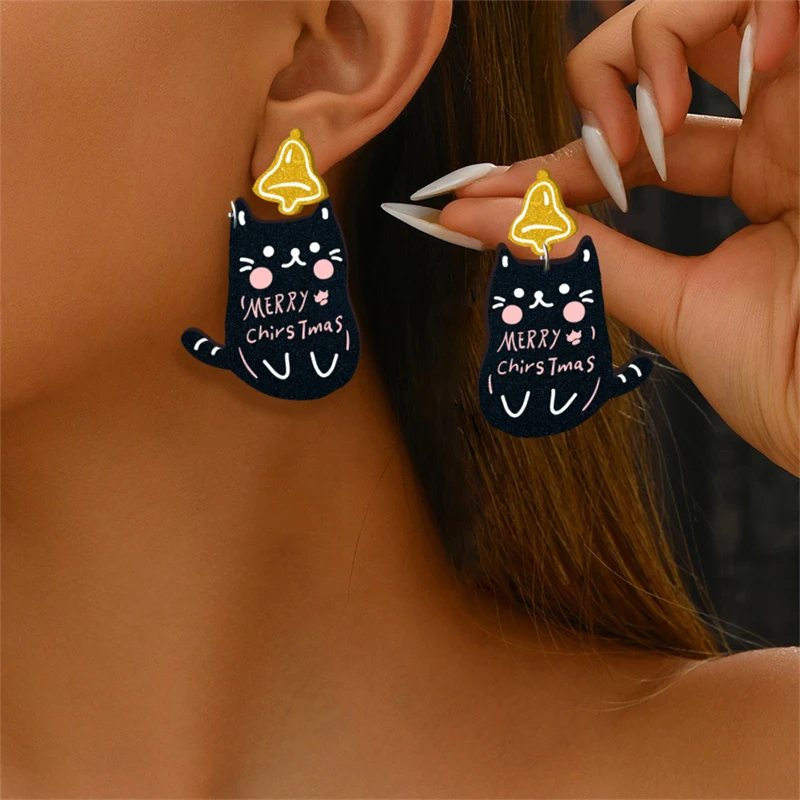 Christmas Gingerbread Man Santa Claus Asymmetrical Dangle Earring for Women Cute Xmas Hat Dog Kitten Acrylic Earrings Jewelry - Image 5