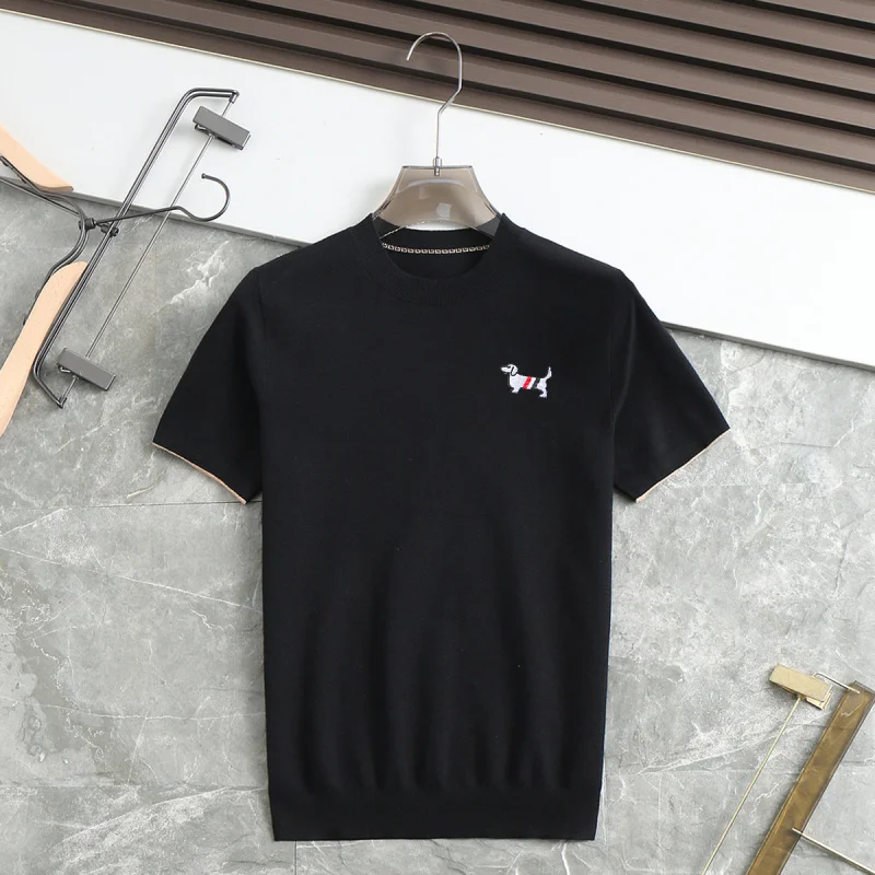 

Модный мужской вязаный шерстяной пуловер с вышивкой, повседневный, с коротким рукавом, высокого качества, с круглым вырезом, базовая модель