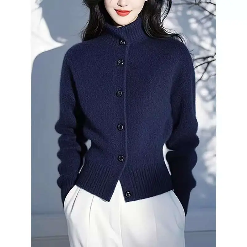 New Chic Red Knit sweater Long Sleeve Turtleneck Cardigan Women Fall winter Elegant Lady Commuter Casual top Knitwear