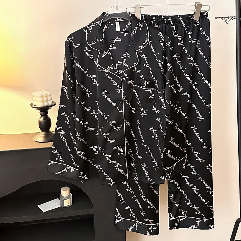 

Комплект из 2 предметов PJS, женская одежда для сна, модные черные брюки с буквенным принтом, пижамный костюм, свободная ночная рубашка, домашняя одежда, одежда из искусственного шелка