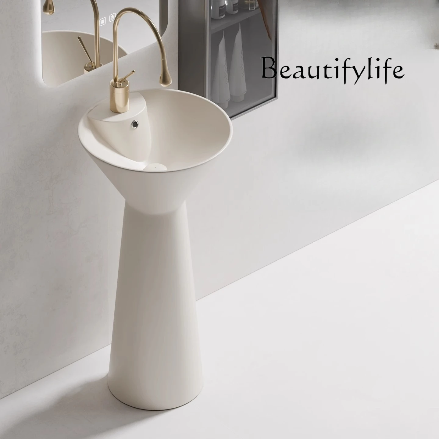 Cream yellow integrated floor-to-ceiling column basin small apartment bathroom ceramic washbasin wash basin