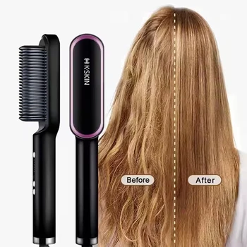 Image Portable 2In1 Hair Straightener Brush Hot Comb Ionic Straightening Curling Brush Anti Scald Fast Ceramic Heating Hairstyle Tool