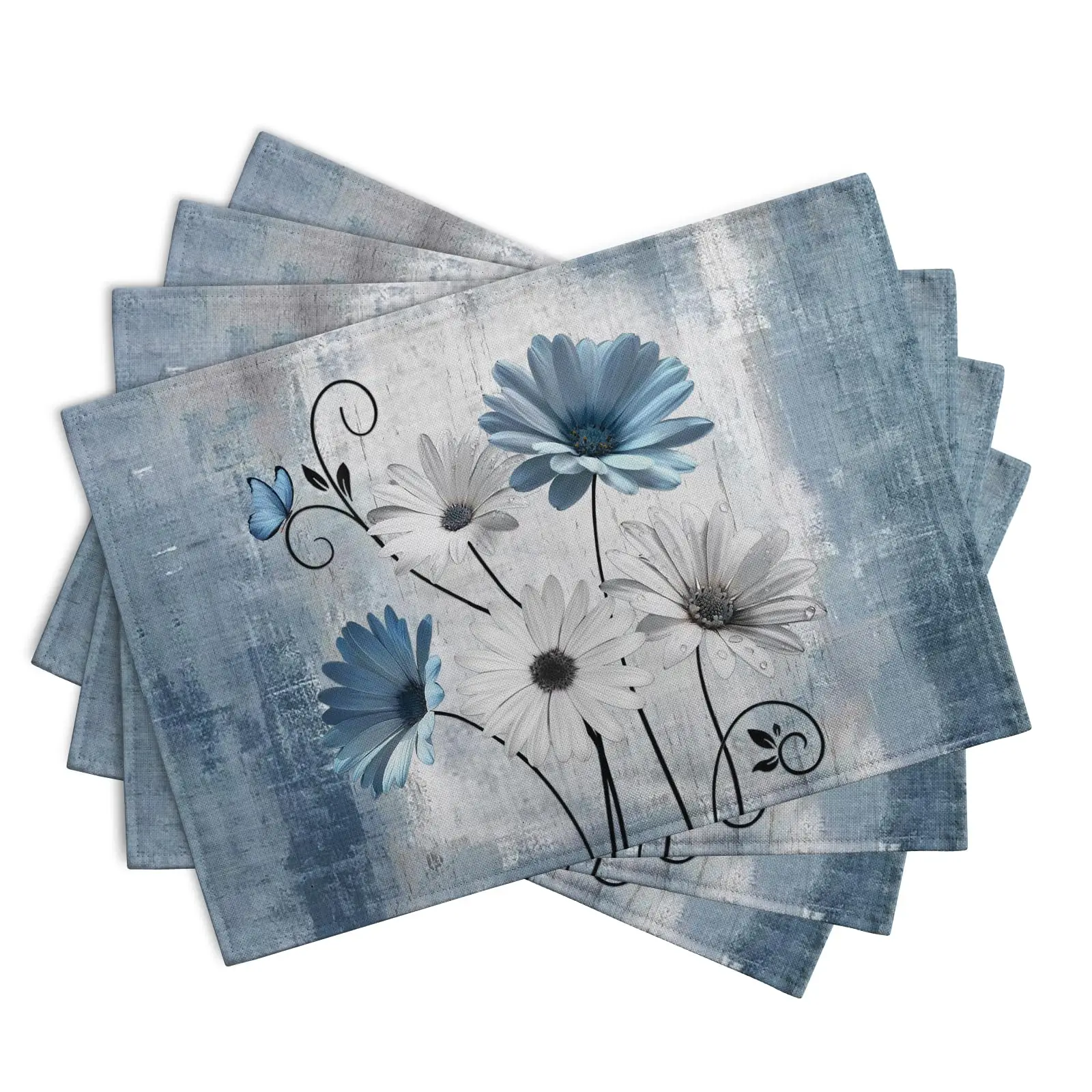 1PCS Blue Grey Daisy Printed Linen Placemat Decorative Table Mat Washable Place Mats for Dining Kitchen Farm House Decor