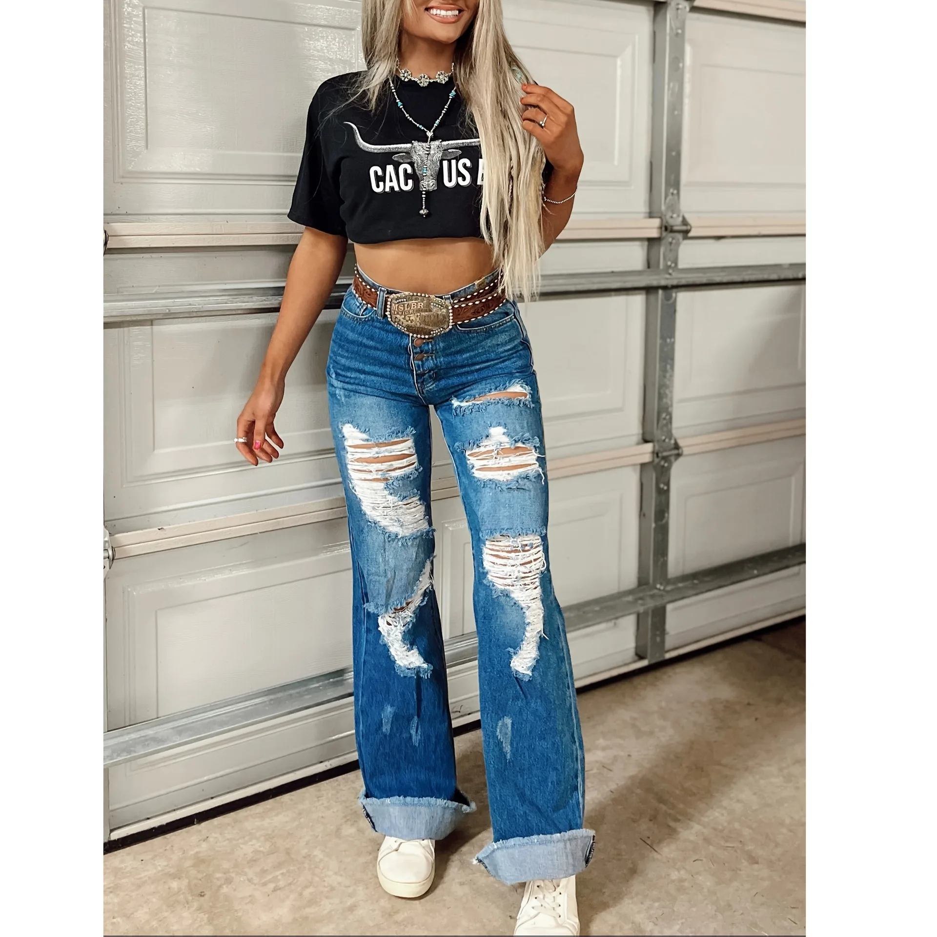 Women's Clothing Jeans Personalized Jeans Women's Elastic New Model, Standard Size 2026 Ripped Jeans Blue
