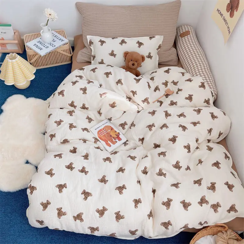 3PCS Cotton Muslin Bedding Set With Teddy Bear Printing High-quality Muslin Bedding Twin Size