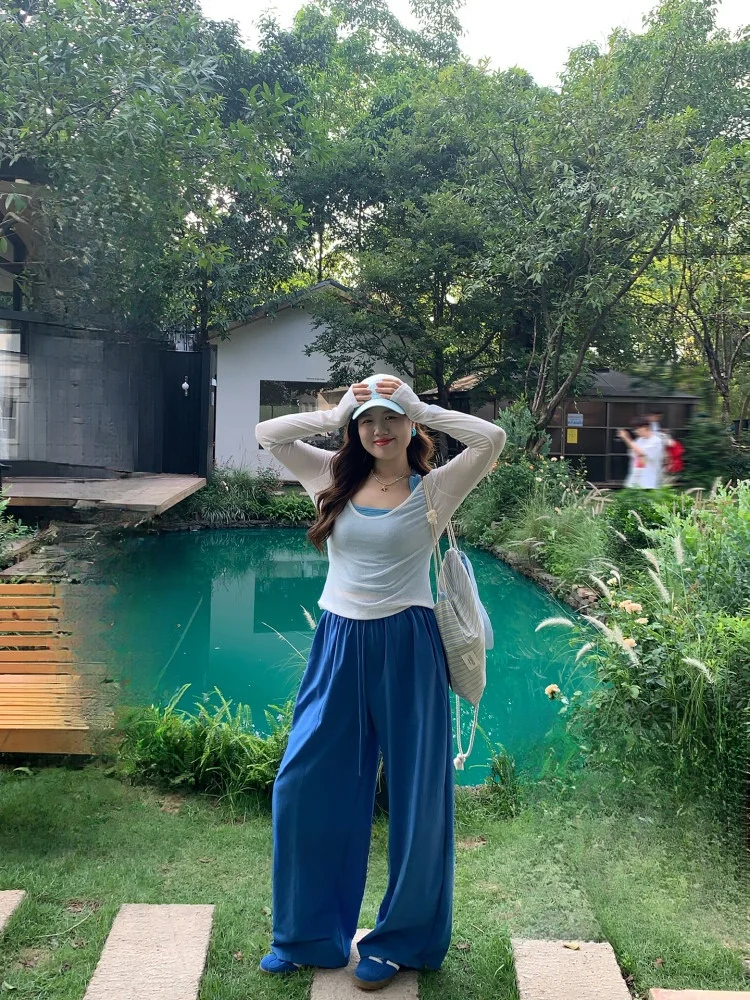 

Ideal Blue Loose Wide Leg Pants Casual Sle for Plump Women Ele Versatile Loose Fit Trousers Summer Collection