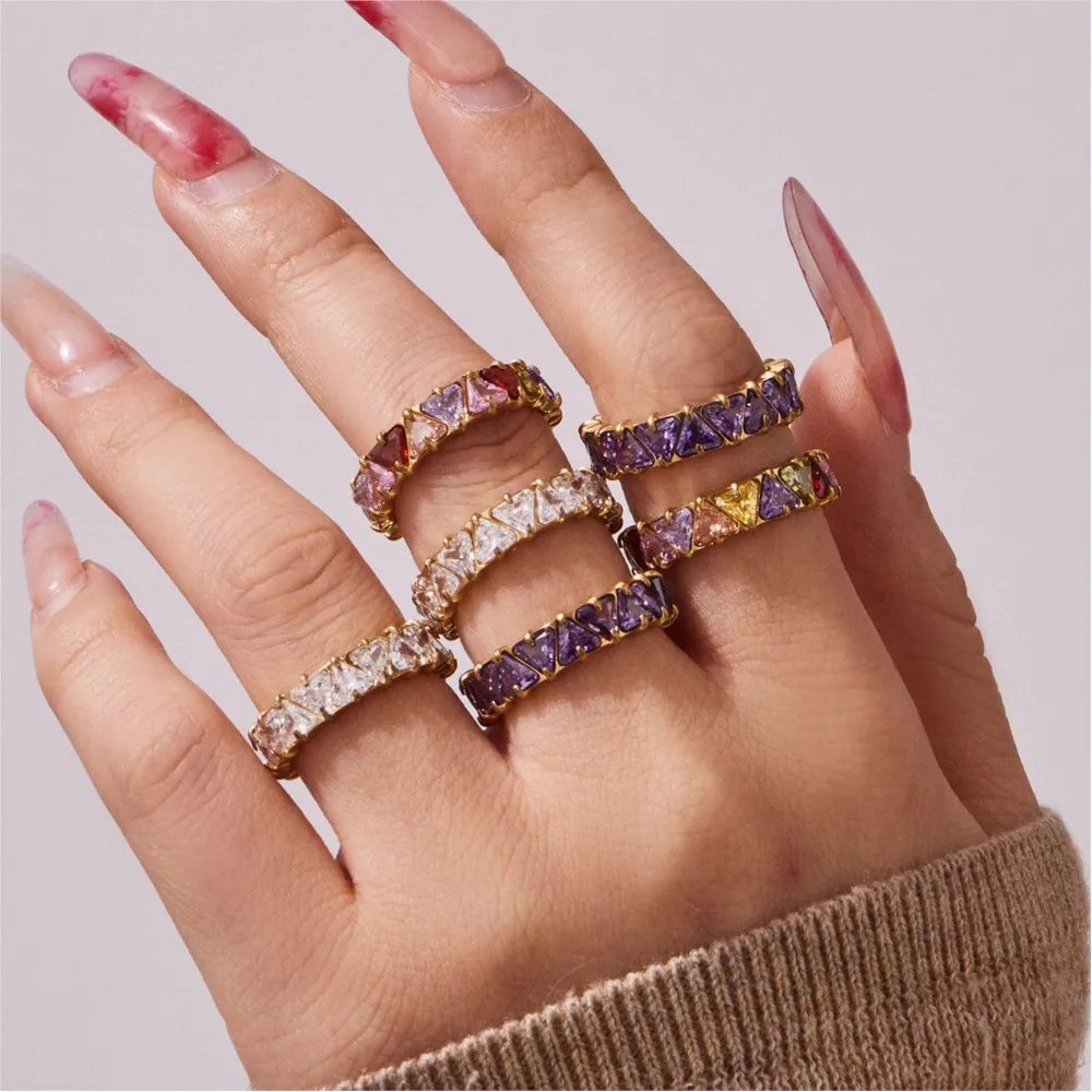 Full Colorful Eternity Band Ring for Women 18K Gold Plated Stainless Steel Sparkling CZ Rings Triangular Purple Zircon Ring