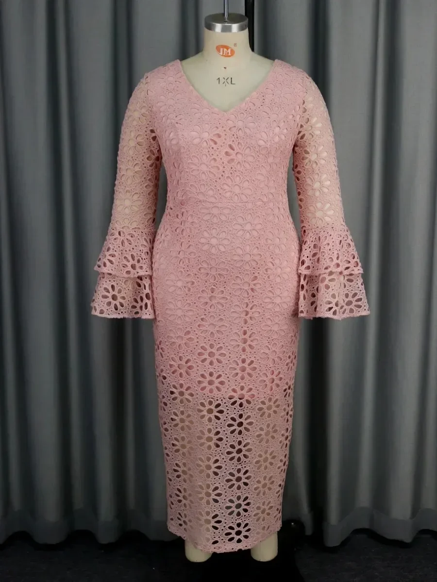 Robe mince évidée en dentelle rose pour femme, col en V, dos nu, manches longues évasées, hanche GT, fête de mariage, robe de soirée chic