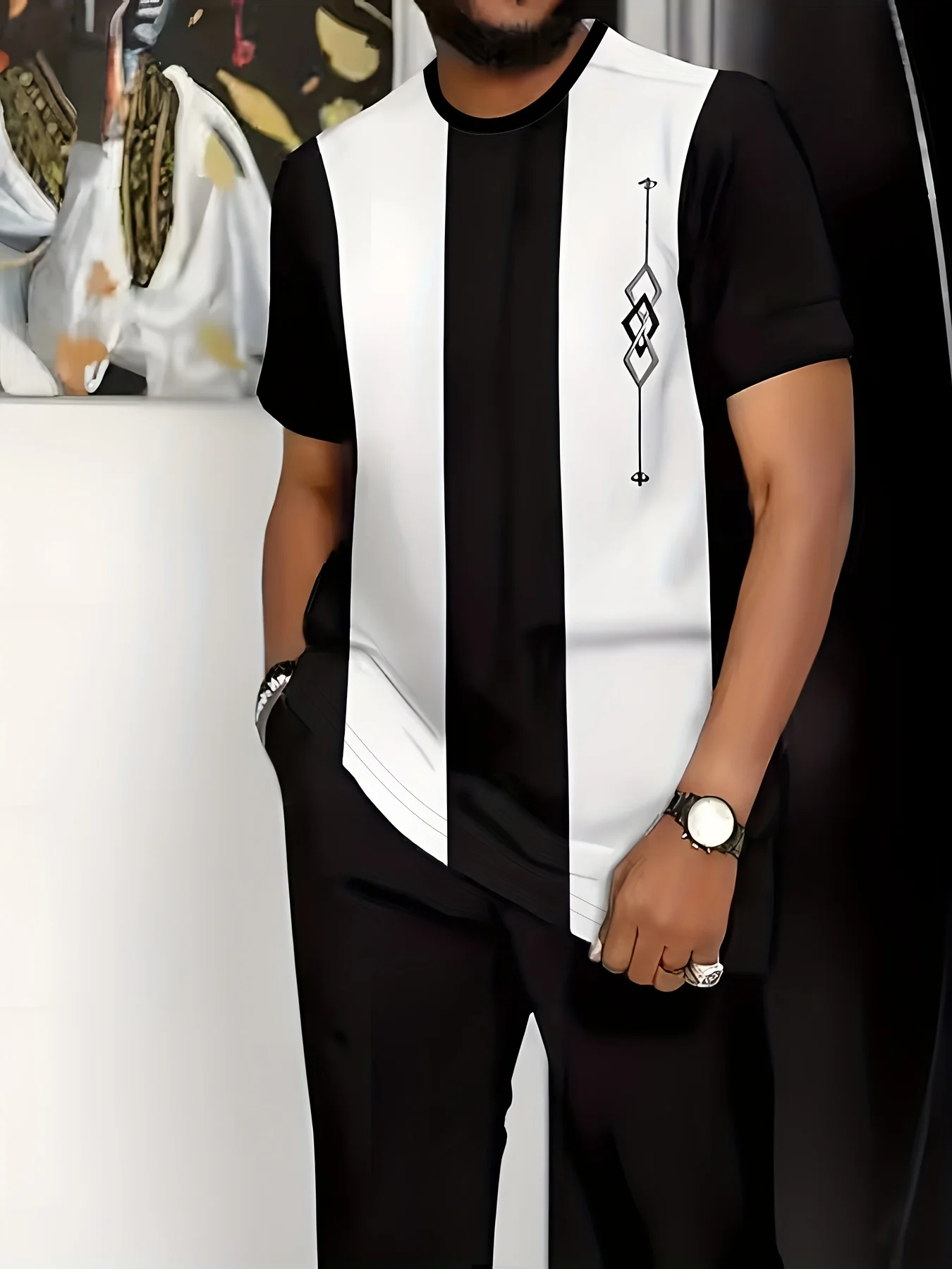 

Men's 3D Luxury Comfort Stripe Color Contrast Print Breathable Casual Sports Street T-Shirt and Drawstring Pants Two Piece Set