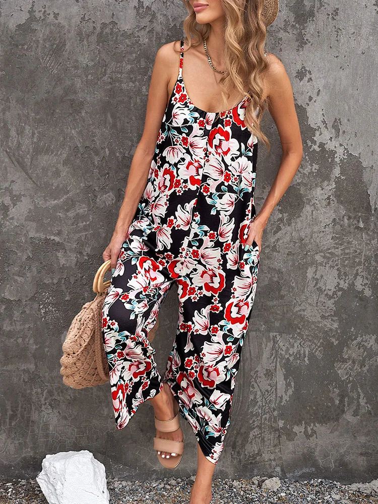 Dames Jumpsuit 2023 Zomer Nieuwe Print Off Shoulder Mouwloze Jarretelband Casual Losse Broek Jumpsuit