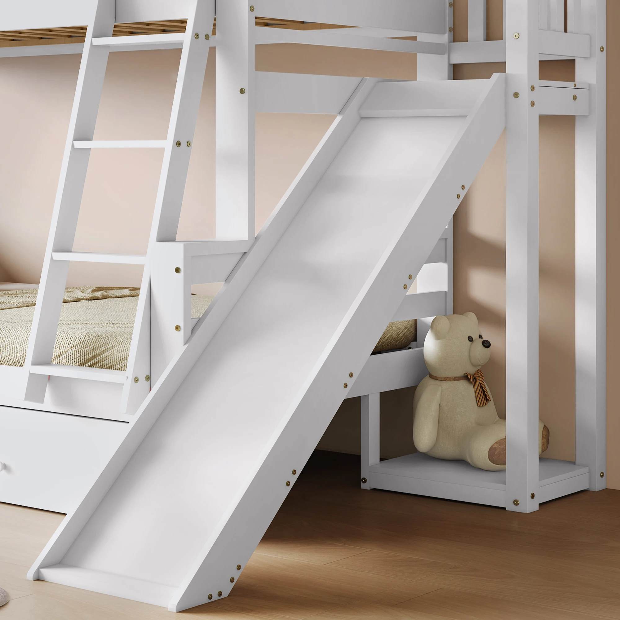 PINGGO Weißes Etagenbett Mutter-Kind-Bett Charakteristische Fenster 4-Stufige Rutsche 2 Schubladen Massivholzrahmen Ohne Matratze – Detail 3