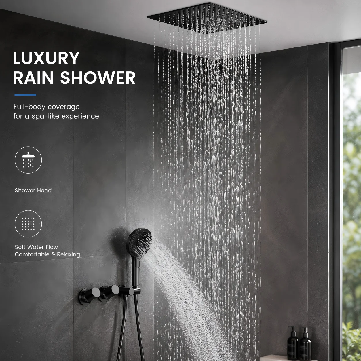 Minimalist Gun Grey Brass Ceiling Mount Shower System Hidden Embedded Rainfall Dual Function Hot Cold Water Bathroom Mixer Tap