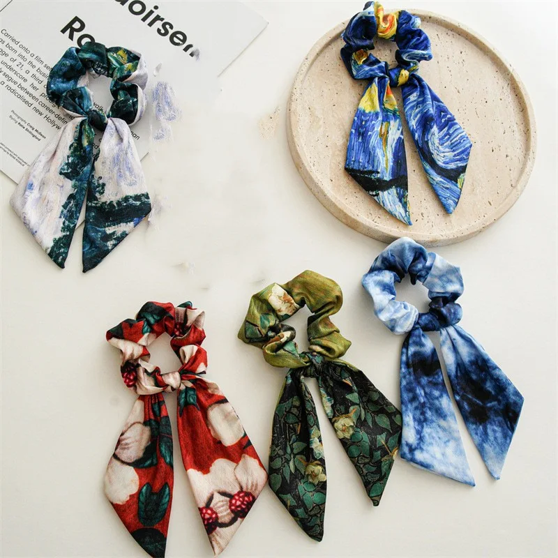 Oil Painting Print Long Ribbon Bow Scrunchies Elastic Ponytail Holder Exquisite Hair Tie Woman Rubber Band Hair Accessories Girl