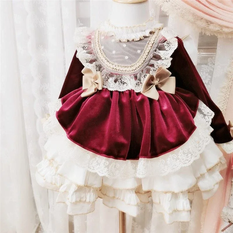 Customized Junior Christmas Day Dresses Lace Flower Girl Dress Palace Style Bow Ball Gown Princess Lolita Vintage Girls Birthday