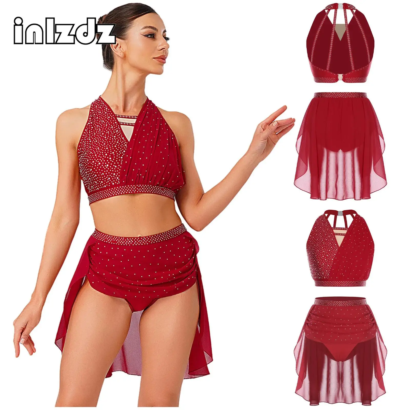 Completo da danza moderna lirica elegante da donna, senza maniche, con scollo all'americana, increspato, top corto + slip incorporato, gonna, set di abbigliamento da ballo