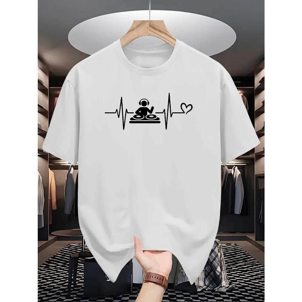 Men White Crew Neck Tee Black Heartbeat Line DJ Silhouette Headset Mixer Love Heart Minimal Electronic Music Casual Cotton Tops