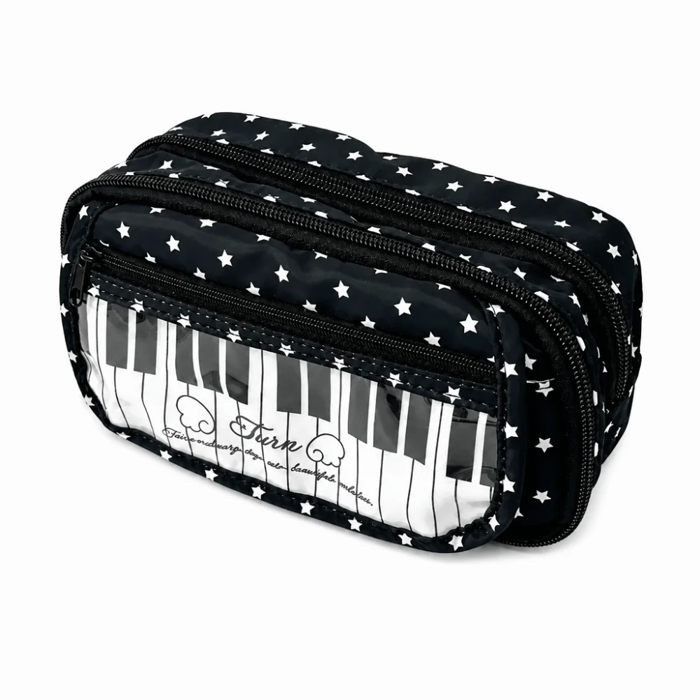 Kawaii Star Piano Keyboard Print Pencil Case Large Capacity With Clear Window Pen Bag Multi-Layer Stationery Bag School Supplies