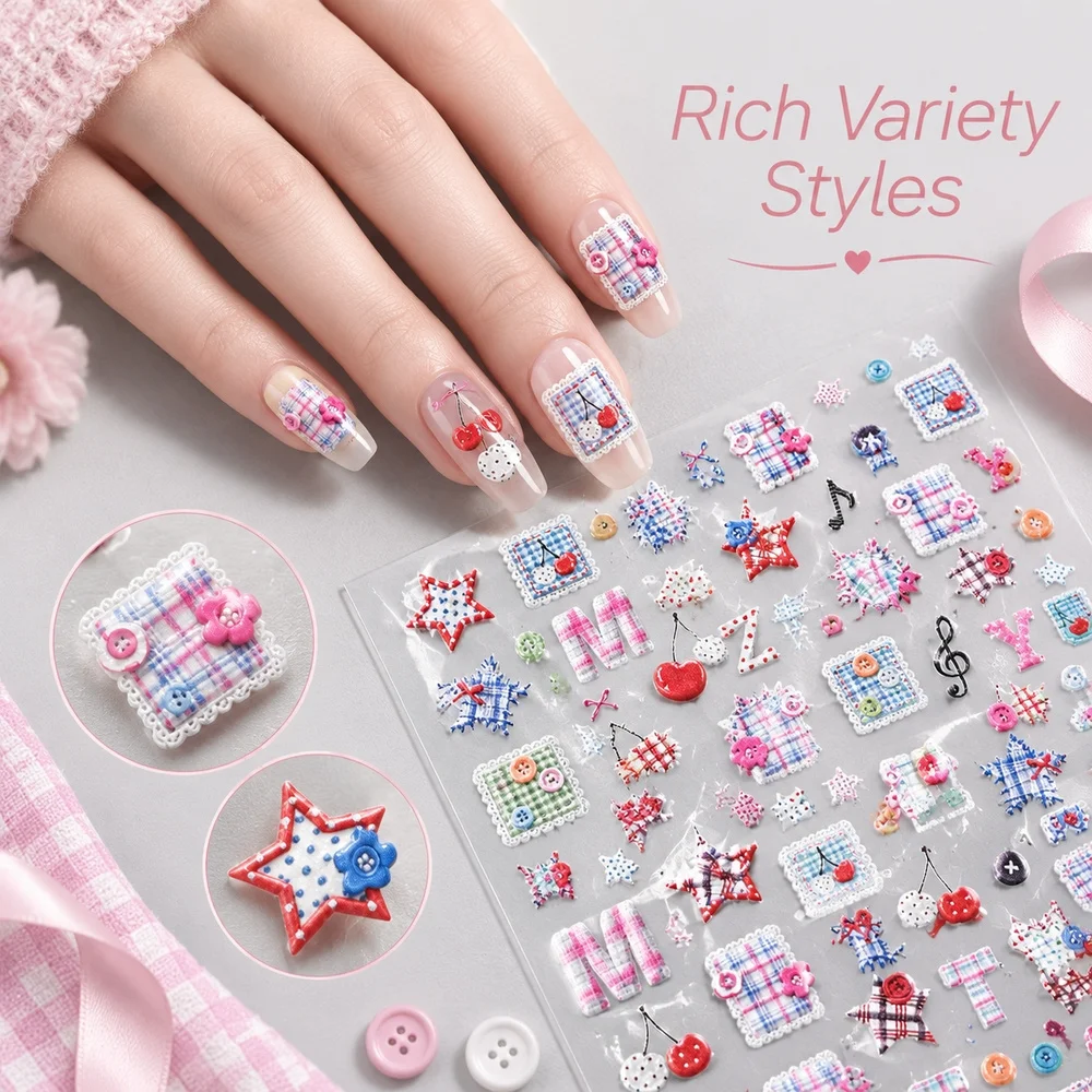 5D Embossed Patchwork Nail Decals 1Pc Colorful Cherry Letter Star Self‑Adhesive Stickers For Women Hand Nail Art Manicure Craft