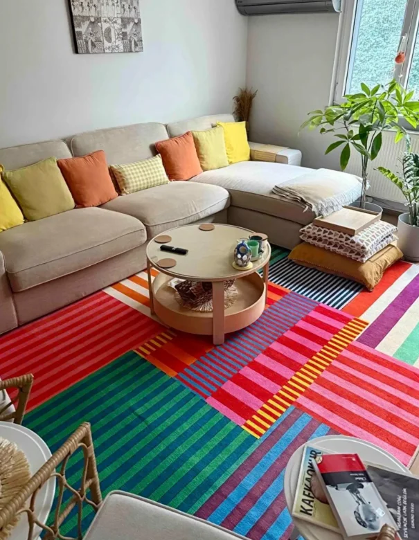 Colorful Striped Area Rug, Modern Memphis Style Rug, Eclectic Rainbow Carpet, Nordic Color Block Rug, Living Room Decor