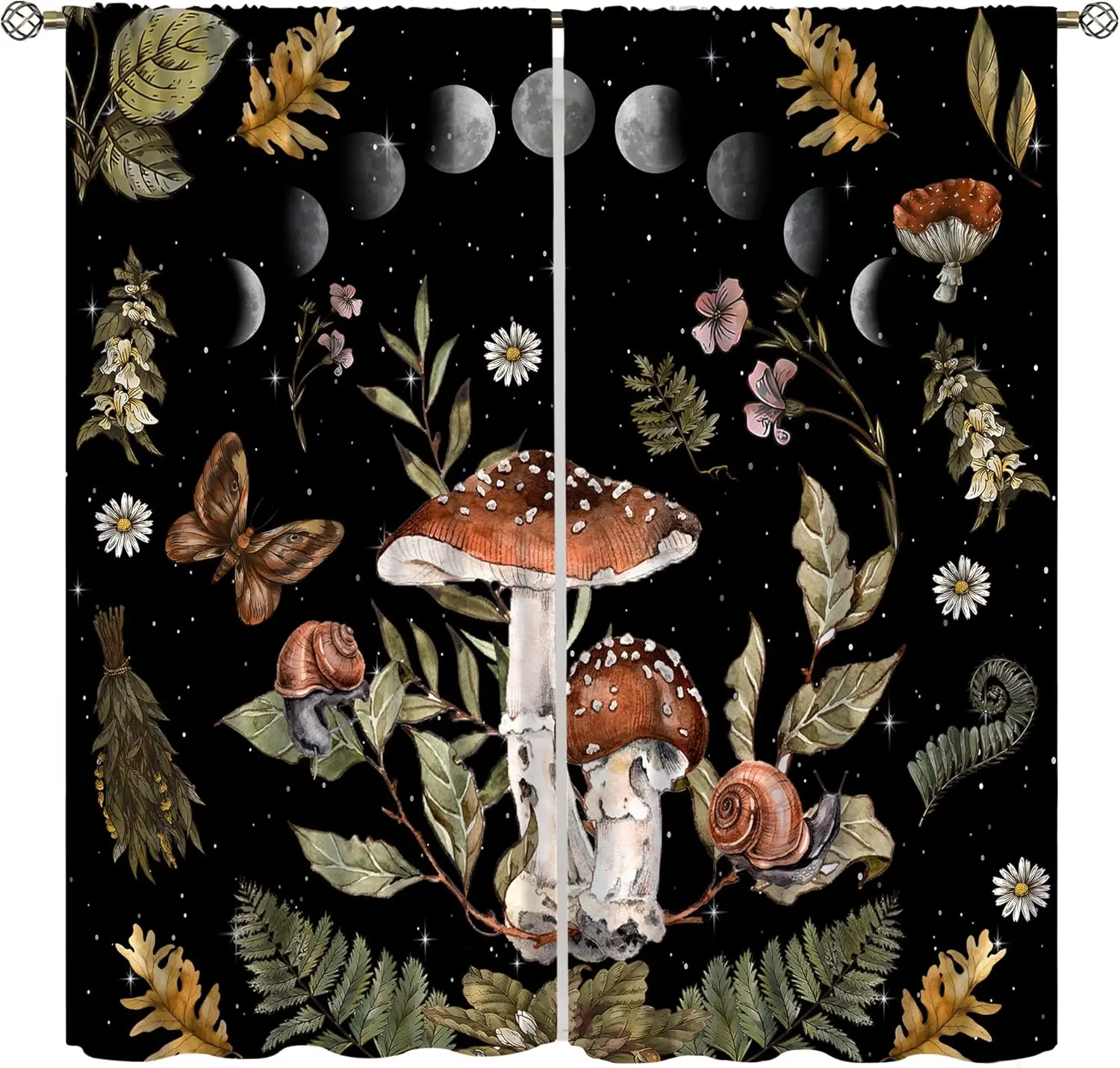 Black Background Moon Phase Mushroom Blackout Curtain Snail Butterfly Wildflower Print Drape For Bedroom Witchy Mystical Forest
