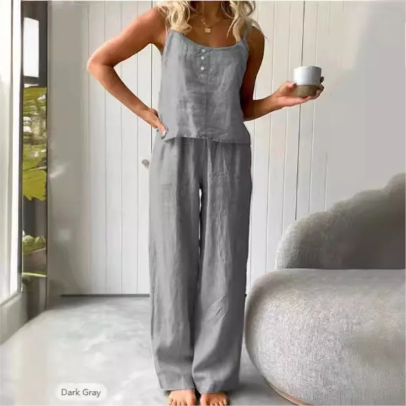 Women's Small Fragrant Style Linen Suspender Button Top Trousers Two-piece Set Summer Simple Casual Vest Wide-leg Pants Suits