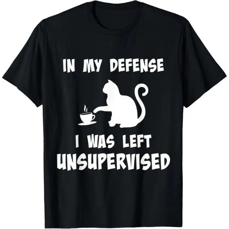 

Funny Cat T-Shirt, In My Defense I Was Left Unsupervised Graphic Tee, Humor Sarcastic Top, Cool Gift for Cat Lovers Pet Owners