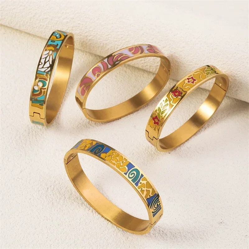 Trendy Stainless Steel Ethnic Flower Bracelet for Women Charm Colorful Enamel Wrist Waterproof Bangles Bracelets Jewelry