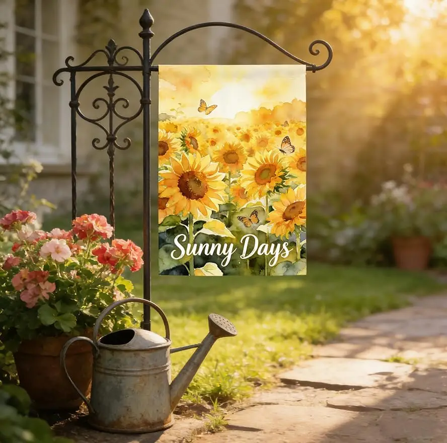 Sunny Days Sunshine Garden Flag, Sunflower Butterfly Summer Theme, Burlap Double Sided, Outdoor Yard Decorations, 12 x 18 In AAS