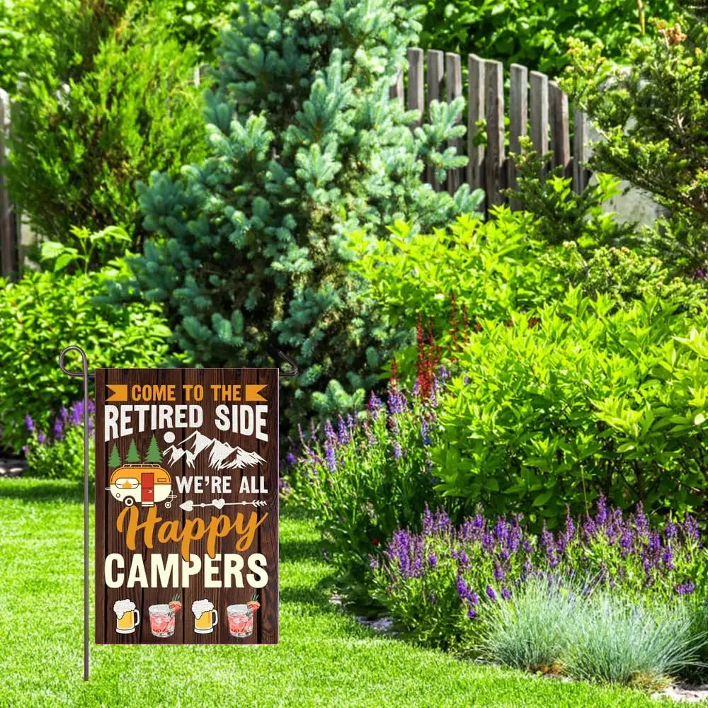 Happy Campers Garden Flag 12x18 Inch Double Sided Welcome To The Retired Side Camping Retirement Decor RV Campsite Campfire  uui