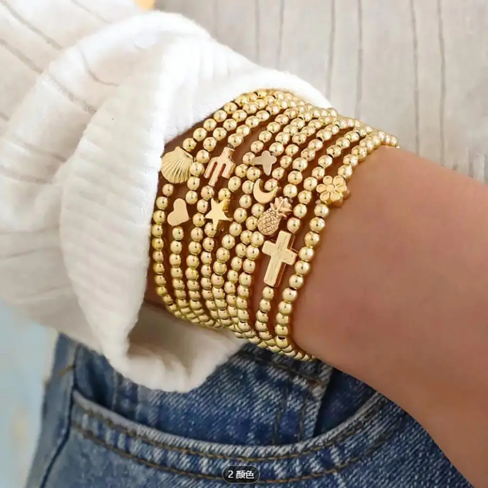 

9Pc/s Fashion Simple New Ccb Round Bead Cross Beaded Bracelet Combination Niche Design Trend Fold Wear Elastic Bracelet Female