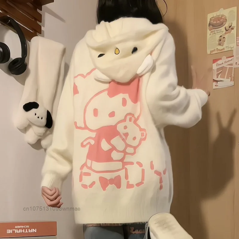 Sanrio Hello Kitty Hooded Zipper Knit Cardigan Women\'s Cute Loose Fashion Sweater Oversize Soft Hoodie Autumn Clothes