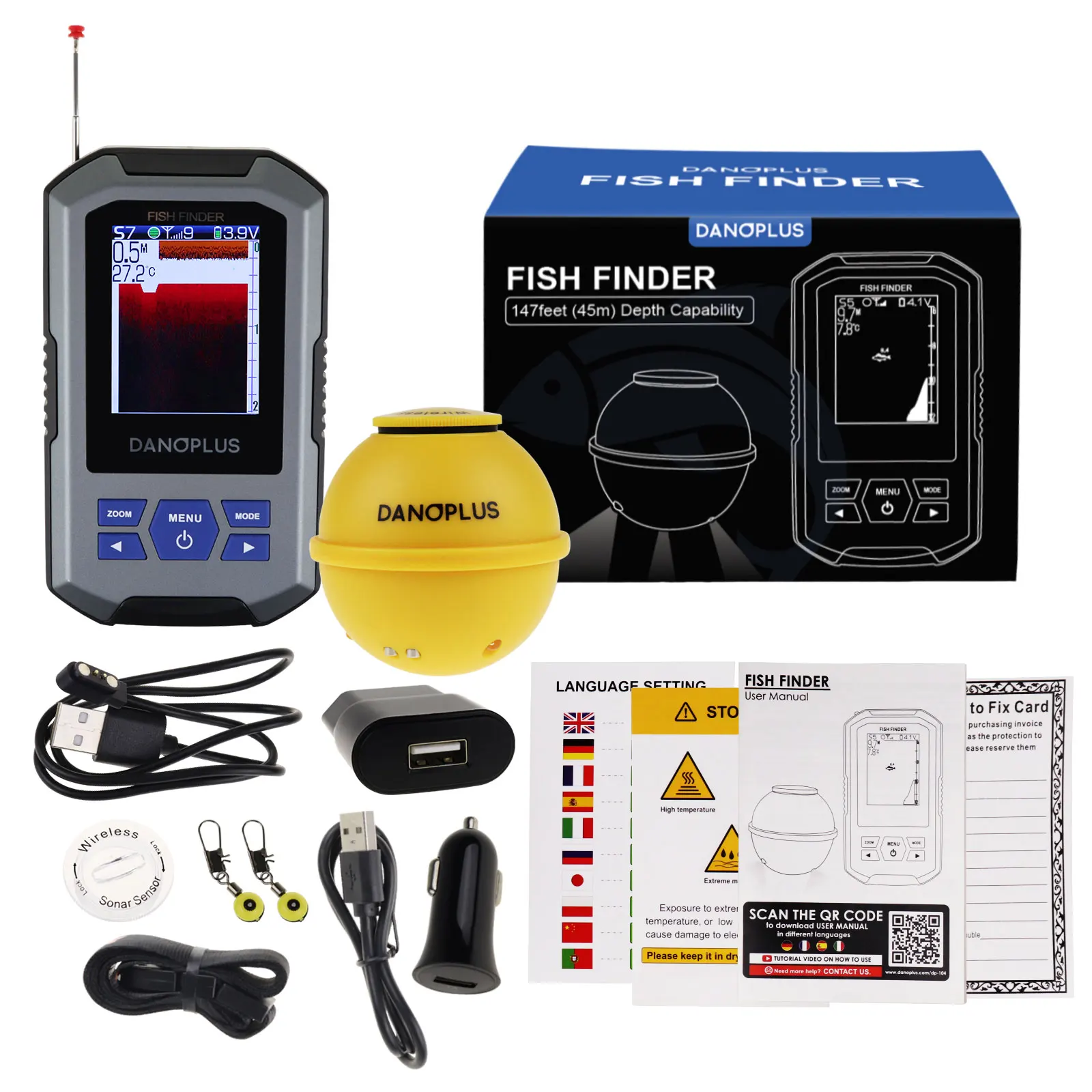 Wireless Sonar Sensor 45 Meters (147 Feet)/0.7 Meters (2 Feet) Depth LCD Display 200 Meters Wireless Range Sea