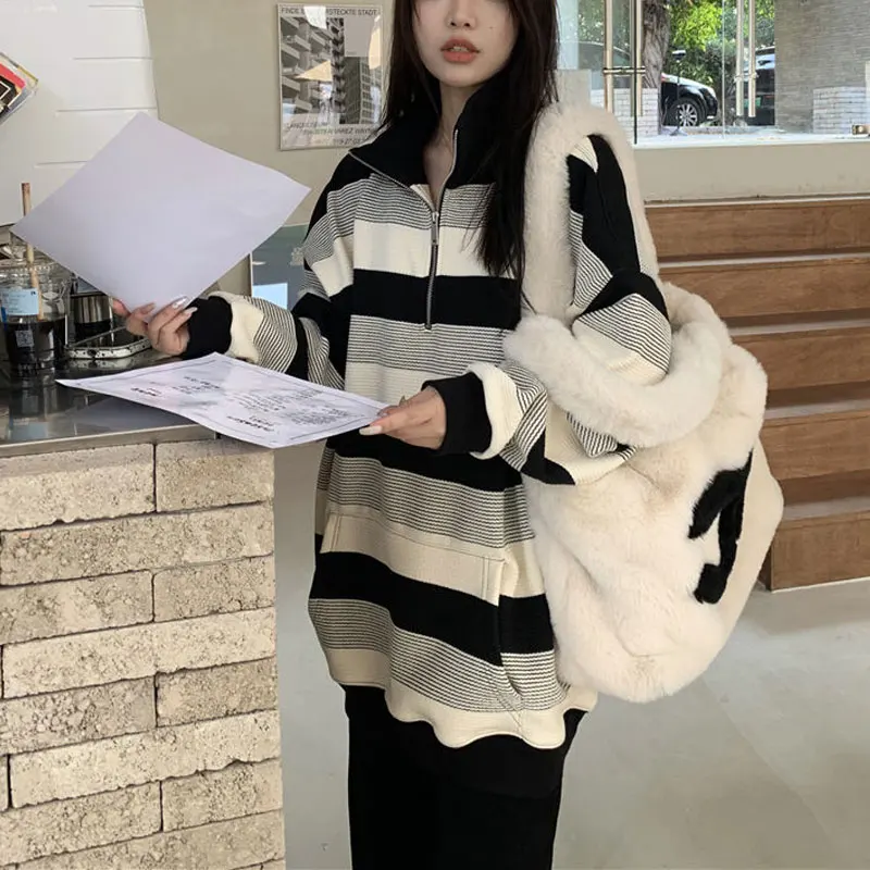 Striped Stand Collar Sweatshirts Female Clothing Korean Stylish Zipper Spring Autumn Loose Casual Contrasting Colors Pullovers