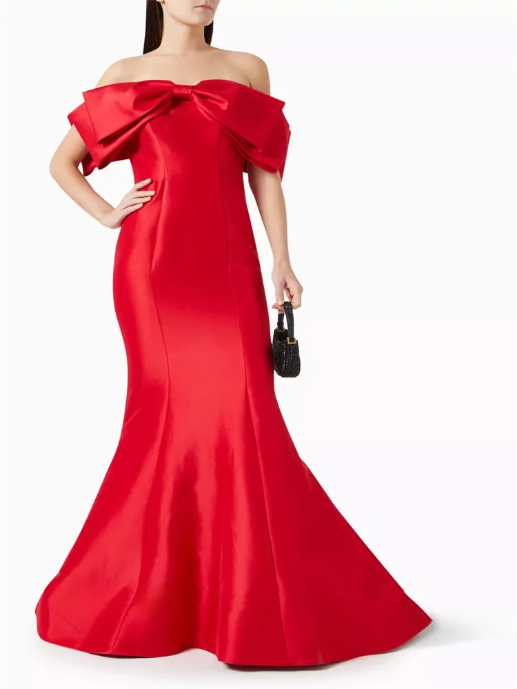 Hot Selling Off Shoulder Bodice With Bow Satin Mermaid Prom Dress Sexy Open Back Zipper Floor Length Sweep Train Gown For Women