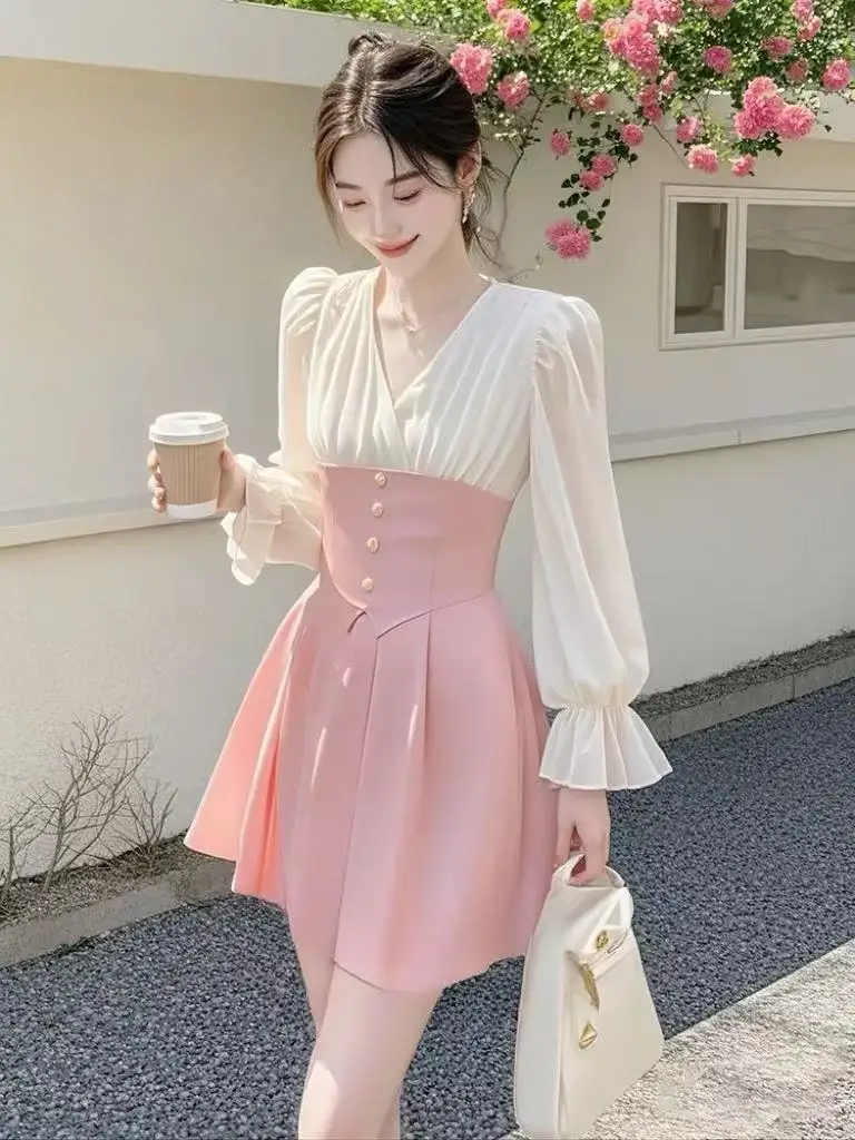 

Korean Style Fashion Patchwork Pink Elegant Dress for Women Spring Long-sleeved V-neck High-waisted Sweet A-line Mini Dresses