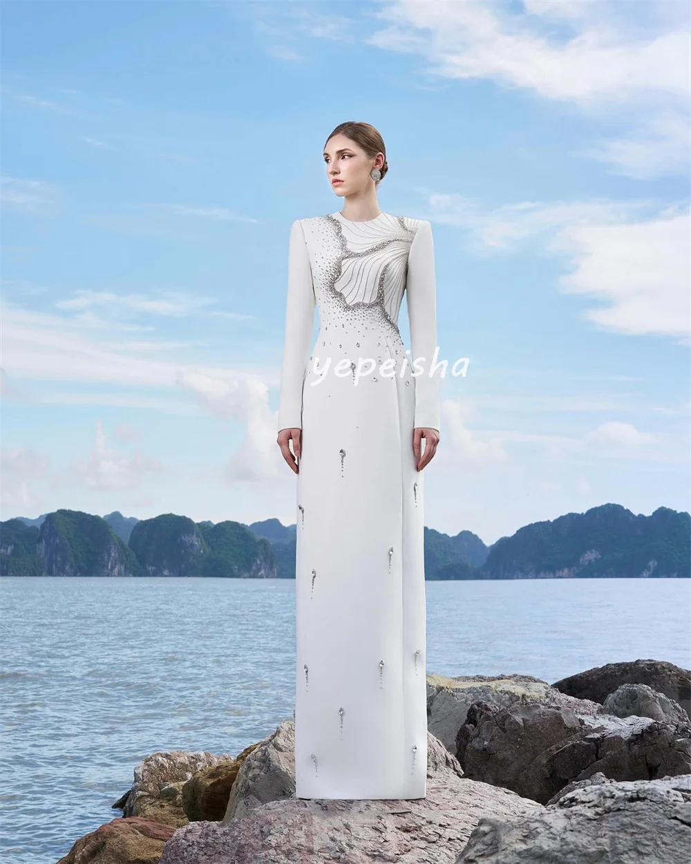 Customized Intricate Sparkle Jersey Flower Beading Sequined Straight Scoop Neck Long Dresses Bespoke Occasion Dresses Fashion