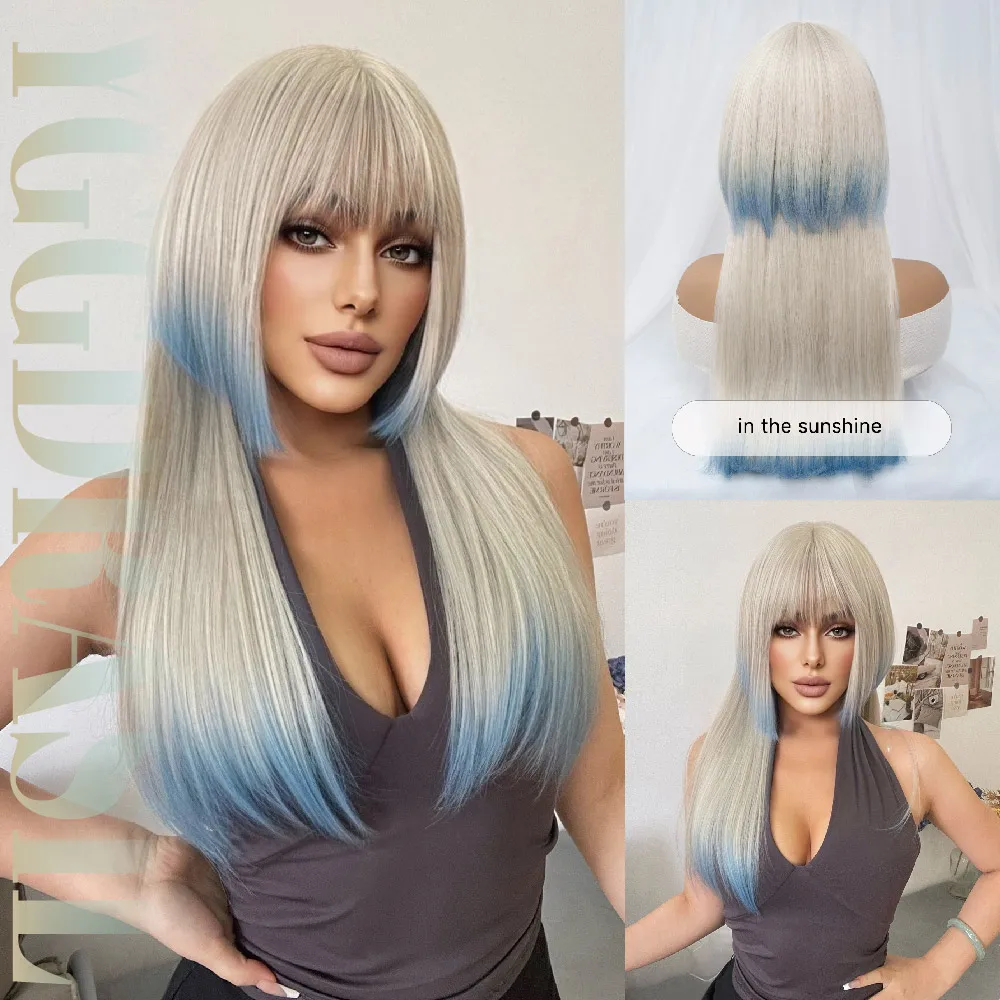 

26-дюймовые современные блондинки с градиентом синего цвета, синтетические парики с челкой, длинные натуральные прямые волосы, парик для женщин, термостойкий косплей