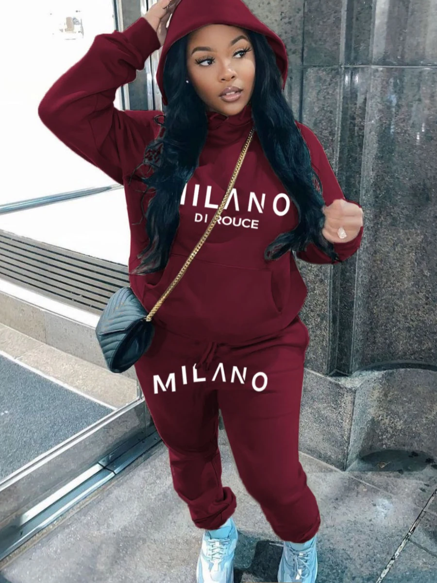 LW Plus Size Women Spring Wine Red Casual Two Pieces Set Hooded Collar Pattern Letter Print Kangaroo Pocket Design Tracksuit Set