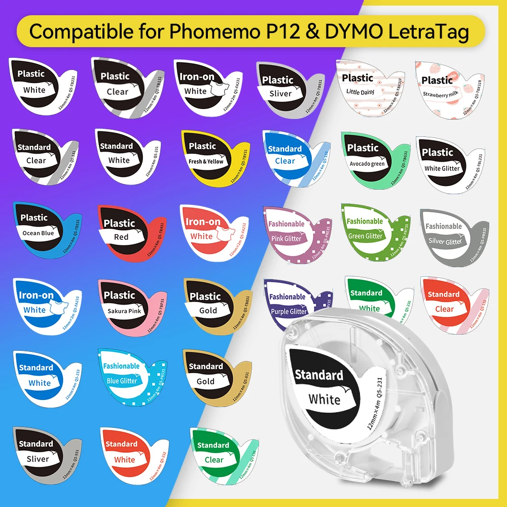 Phomemo P12/P12PRO Label Tape 12Mm Wit Compatibel Voor Dymo Letratag Label Maker 4M Hittebestendige Zelf lijm Kleding Label