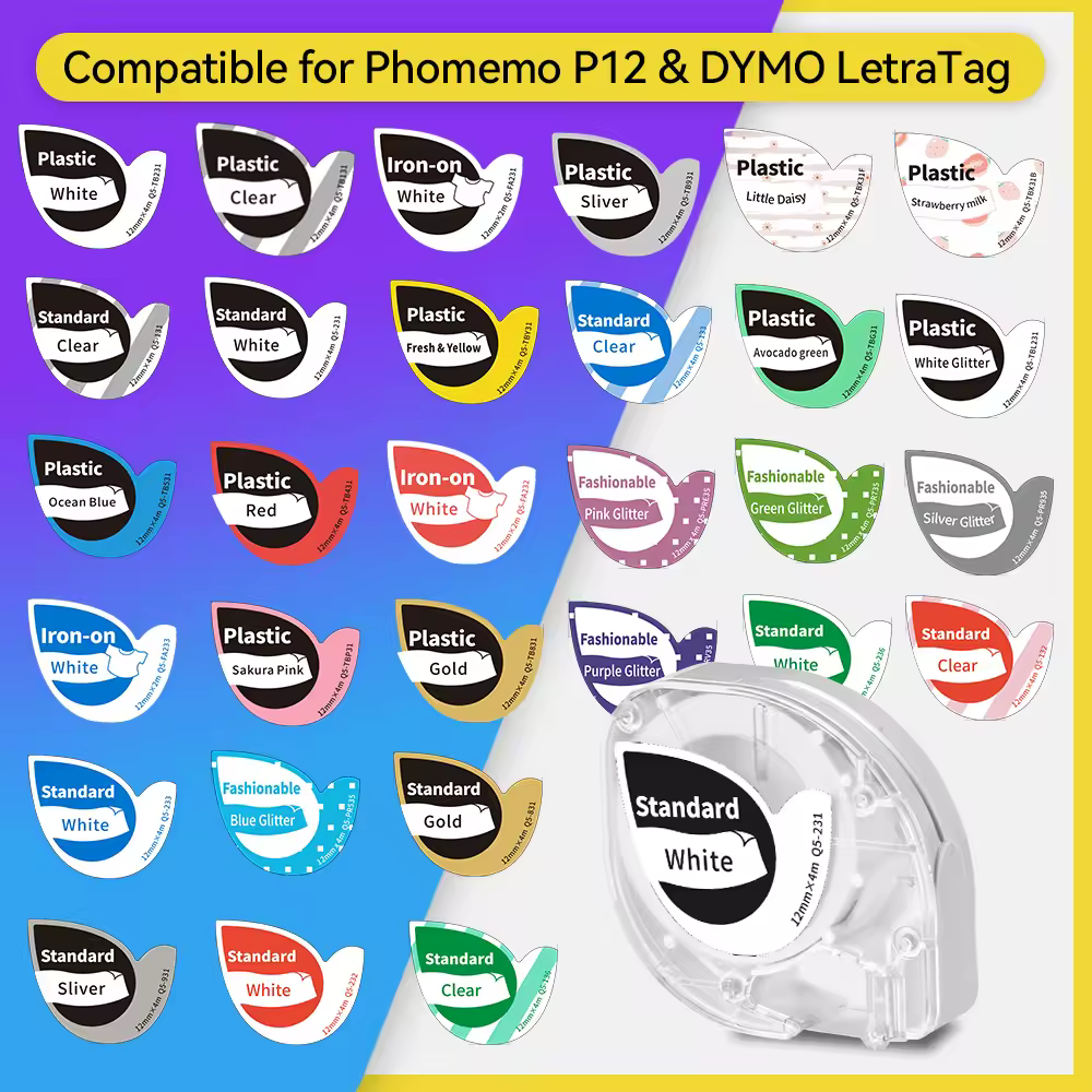 Phomemo P12/P12PRO ruban d'étiquettes 12mm blanc Compatible pour DYMO Letratag étiqueteuse 4m résistant à la chaleur auto-adhésif étiquette pour vêtements