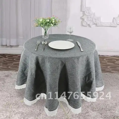 

Gray Cotton Linen Rustic Round Tablecloth Solid Decorative Elegant Pastoral Round Tablecloths with Lace Edge Cover Cloth