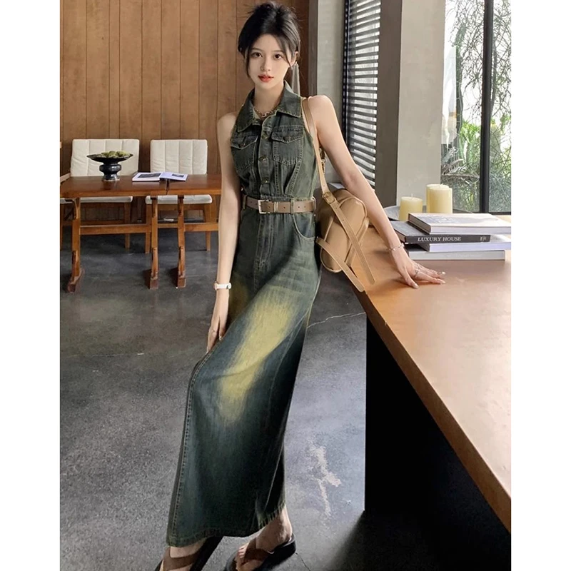 Vestido tipo chaleco vaquero Vintage Y2k para mujer, cintura con solapa, un solo pecho, vestido a la cadera con bolso en contraste, vestidos vaqueros largos divididos, verano, nuevo