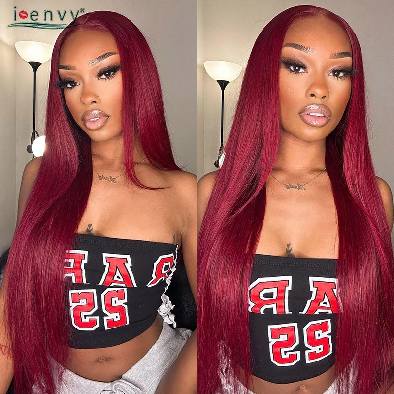 13x6 99J Burgundy Lace Front Human Hair Wig Straight 13X4 Hd Lace Frontal Wigs Pre Plucked Women Red Lace Front Wigs 32 Inches