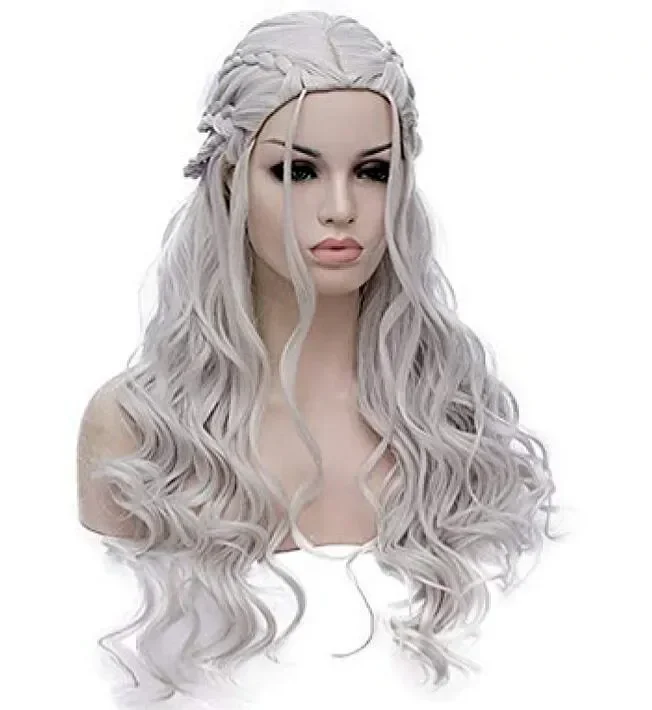 

Fashion Long Silver Curly Women’s Braided Cosplay Hair Wig For Women’s Christmas Halloween Wigs