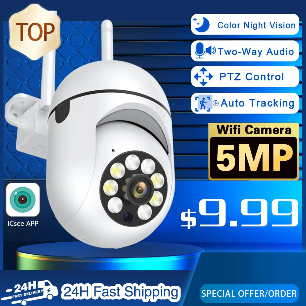 

5MP Mini PTZ Wireless Video Surveillance Camera Color Night Vision Auto Tracking CCTV Wifi Security Baby Monitor Cam ICsee App