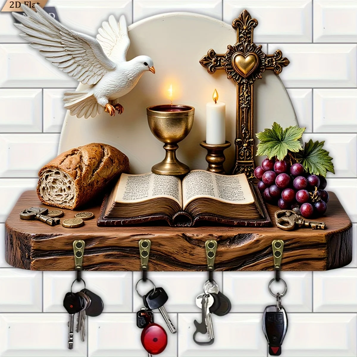 2D plano, 1 pieza, reloj de pared con tema de comunión cristiana, llavero multifuncional de madera para el hogar con cuatro ganchos de metal, pared