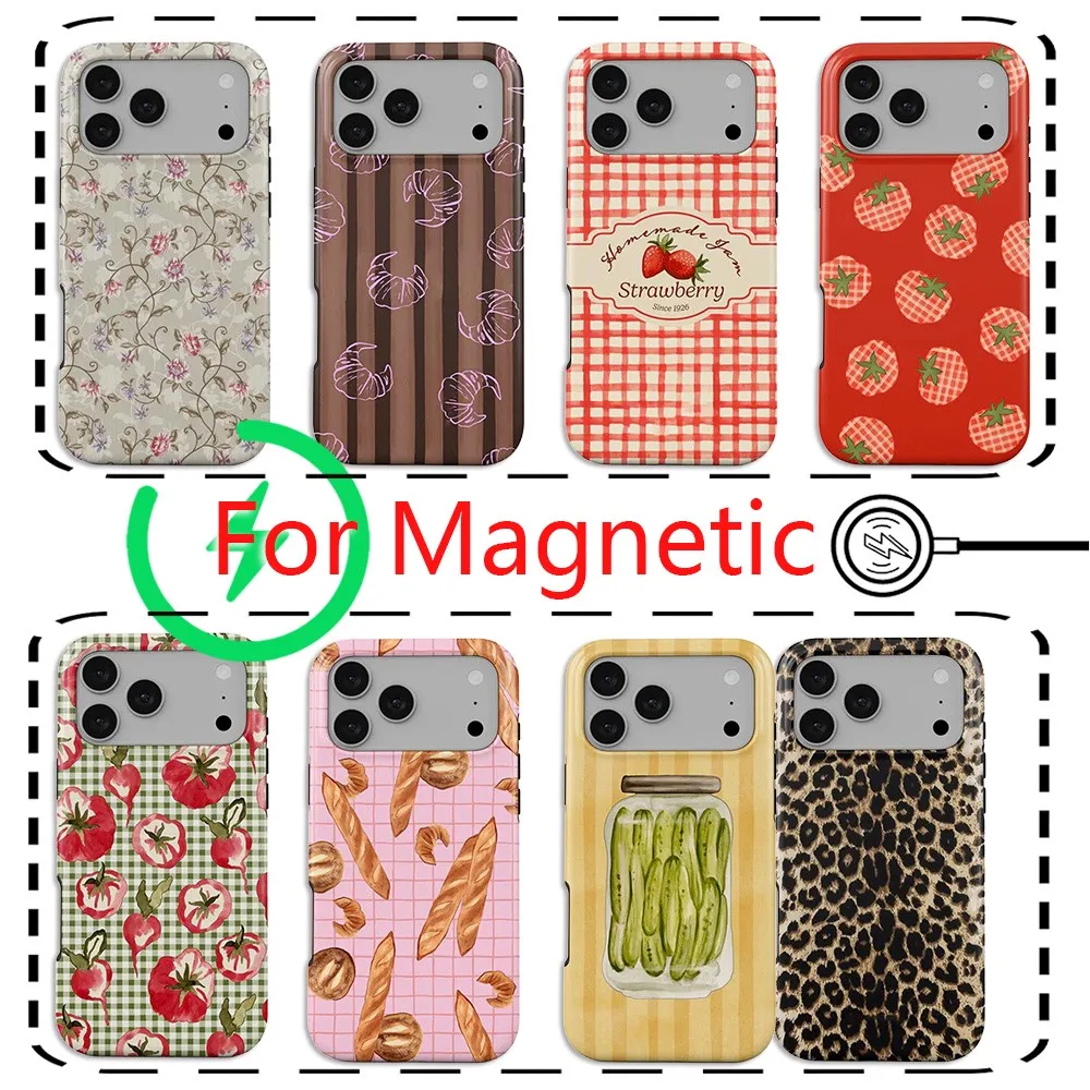 Étui de téléphone magnétique de luxe pour iPhone 18 17 16e 16 15 14 13 12 11 Air Pro Max Plus, double couche, mignon, rétro, motif alimentaire