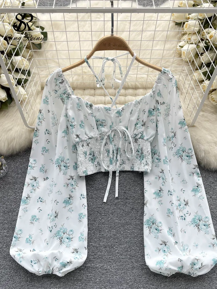 SINGREINY Summer French Style Print Short Blouse 2024 Long Sleeves Elastic Beach Top Women Fashion Backless Ruched Floral Blouse